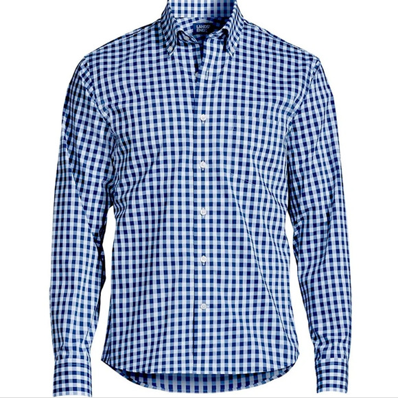 Lands’ End Men’s No Iron Supima Cotton Blue & Yellow Gingham Dress‎ Shirt 16 EUC - Picture 1 of 12